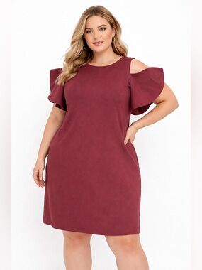 Libby Edelman Burgundy Cold Shoulder Ruffle Sleeve Shift Dress Size XXL